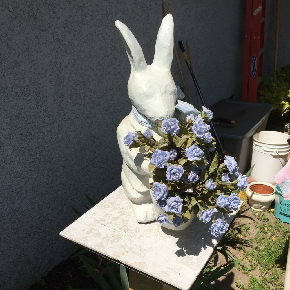 Vintage paper mache bunny rabbit holding flower basket